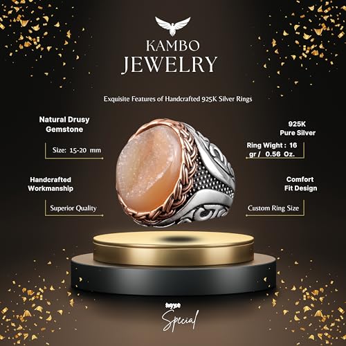 Doğal Druzy Kristal Kuvars Taş Yüzük - 925 Ayar Gümüş (Sarı)