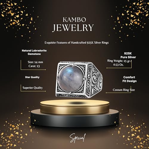 KAMBO Doğal Yuvarlak Taşlı Kare Erkek Yüzük 925 Ayar Gümüş – Osmanlı Desen El Yapımı Taşlı Yüzük (Labradorit)