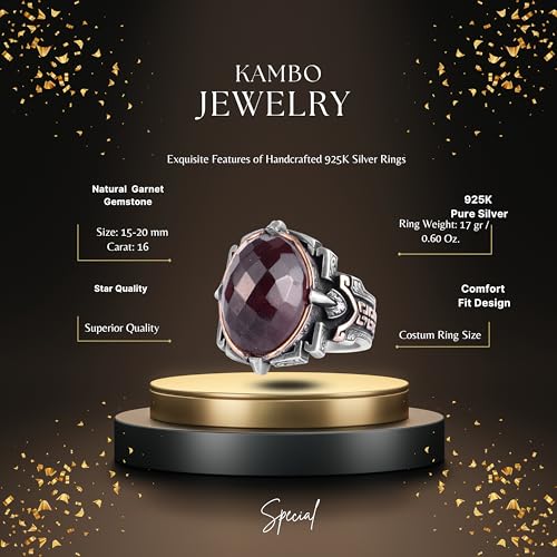 KAMBO Doğal Taş Yüzük 925 Ayar Gümüş – El Yapımı Erkek Bildiri Yüzüğü Şifa Takı (Garnet)