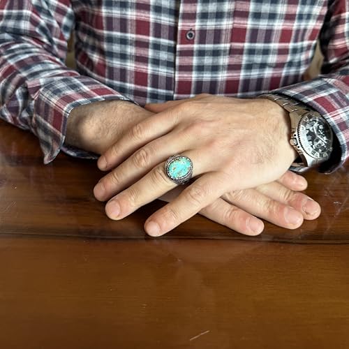 KAMBO Turkuaz Taşlı Erkek Yüzük 925 Ayar Gümüş – Doğal Turkuaz Bildiri Yüzüğü – Vintage Osmanlı Tarzı El Yapımı Erkek Yüzük (Turkuaz) - 6