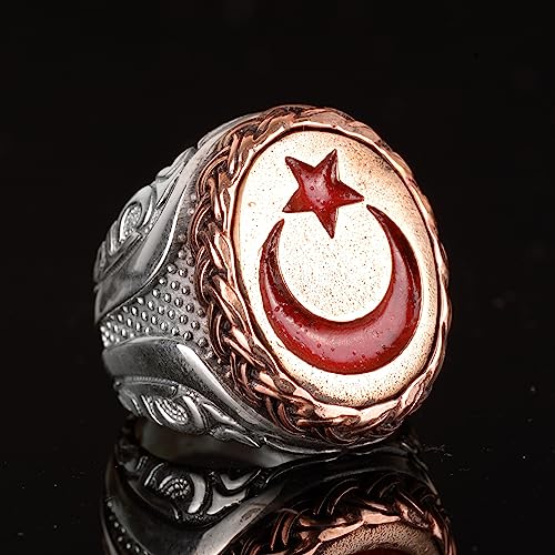 925 Ayar Gümüş Erkek Yüzük, Osmanlı Stili Türk Yüzüğü, Bronz Hilal ve Yıldız Taş Tasarımı