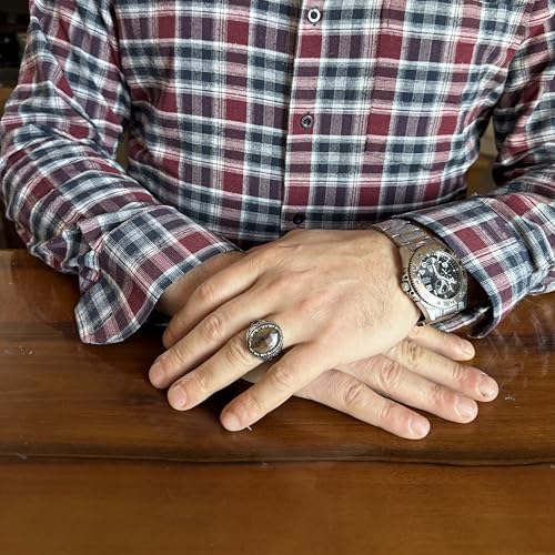 Doğal Safir Taşlı Erkek Yüzük 925 Ayar Gümüş Dişli Çerçeve Siyah Taş Halo El Yapımı Bildiri Yüzüğü (Kahverengi Safir-1) - 5