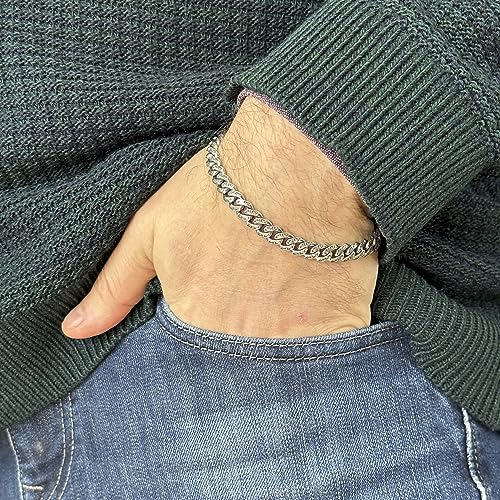 KAMBO Erkek İşlemeli Gümüş Zincir Bileklik, Gümüş Bileklik, 925 Ayar Gümüş El Yapımı Bileklik, Ağır Bağlantı Bileklik