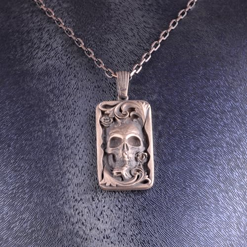 KAMBO 925 Ayar Gümüş Kafatası Kolye – Gotik İskelet Kolye – Vintage Stil Kafatası Takı – El Yapımı Açıklama Kolye – Ona