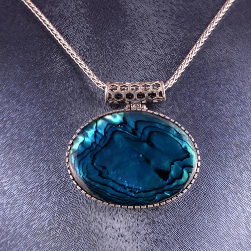 Doğal Taşlı Yatay Büyük Erkek Kolye Zincirli 925 Ayar Gümüş – Oval Taşlı Kolye Kolye (Okyanus Sedefi) - 6