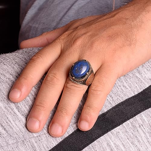 Doğal Lapis Lazuli Taşlı Süleyman Mührü Yüzük - 925 Ayar Masif Gümüş Erkek Yüzük - Bilgelik ve Hakikat Tasarımı