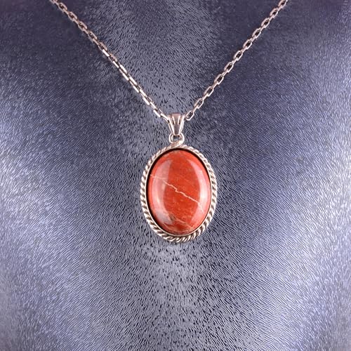 KAMBO Doğal Taşlı Zincirli Unisex Kolye 925 Ayar Gümüş – El Yapımı Oval Açıklama Kolye (Kırmızı Kan Taşı) - 6