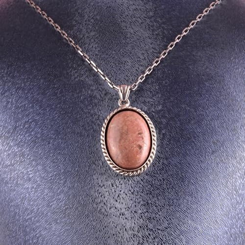 KAMBO Doğal Taşlı Zincirli Unisex Kolye 925 Ayar Gümüş – El Yapımı Oval Açıklama Kolye (Rhodonite) - 6