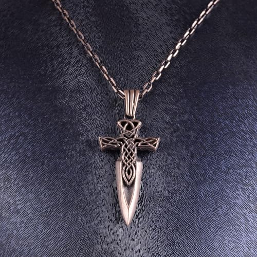 KAMBO 925 Ayar Gümüş Kelt Haçı Zincirli Kılıç Kolye – Hançer Haç Kolye – Gotik Ortaçağ Takı – El Yapımı Açıklama Kolye –