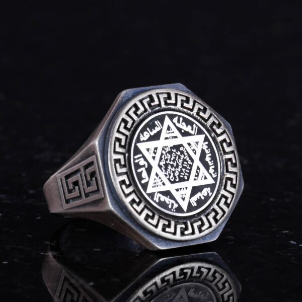 Seal of Solomon 925 Ayar Gümüş Yüzük - Greek Key Tasarım Erkek Yüzük - El İşi Yüzük