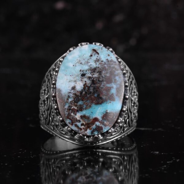 KAMBO Doğal Turkuaz Taşlı Erkek Yüzük 925 Ayar Gümüş Örümcek Ağı Desen Oval Cabochon Vintage El Yapımı Bildiri Yüzüğü (T