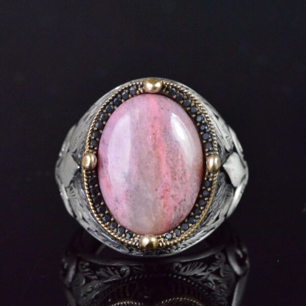 Lily Patterned Gümüş Yüzük - 925 Ayar Gümüş El İşi Erkek Takı (Rhodonite)