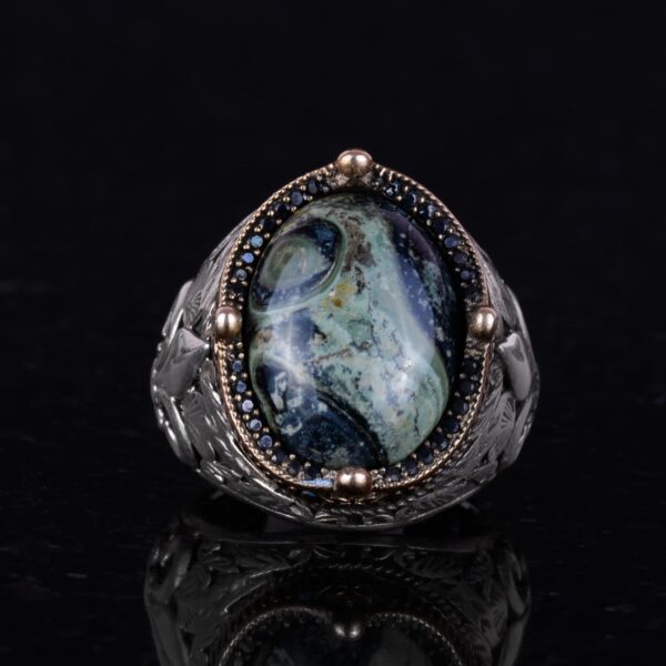 925 Ayar Gümüş El İşi Erkek Yüzük - Available ile Different Doğal Stones (Yeşil Eye)