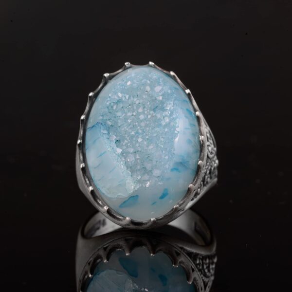 Gümüş Erkek Yüzük Drusy Kuvars Aqua, - Shiny Taş Koleksiyonu