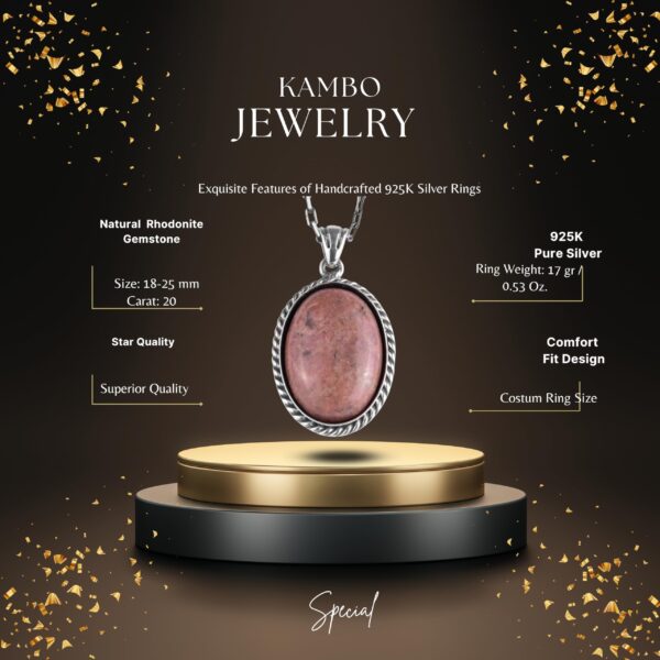 KAMBO Doğal Taşlı Zincirli Unisex Kolye 925 Ayar Gümüş – El Yapımı Oval Açıklama Kolye (Rhodonite) - 3
