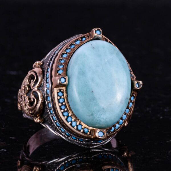 925 Ayar Gümüş Yüzük, El İşi Vintage Erkek Statement Yüzük ile Doğal Larimar Taş