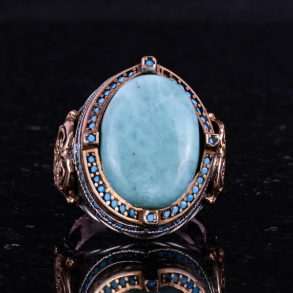 925 Ayar Gümüş Yüzük, El İşi Vintage Erkek Statement Yüzük ile Doğal Larimar Taş