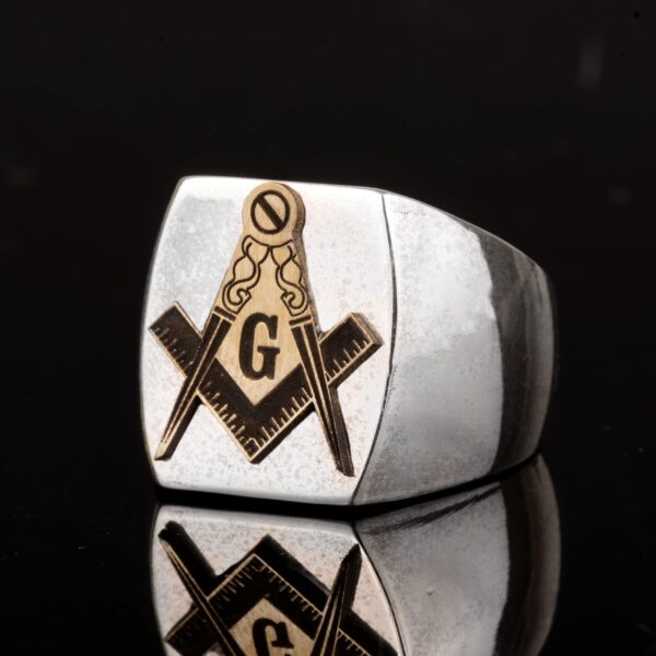 Kambo Erkek 925 Ayar Gümüş Masonic Yüzük ile Altın Tone Emblem