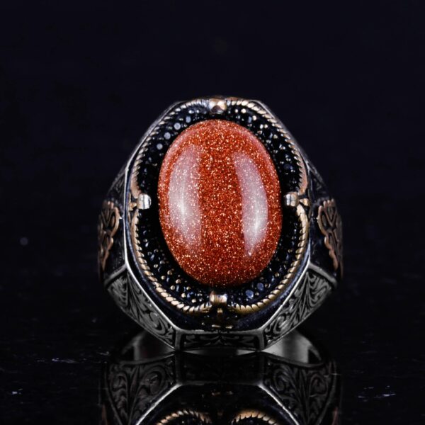 925 Ayar Gümüş Erkek Yüzük, Kahverengi Sunstone Artificial Taş Yüzük, Gümüş Stylish Erkek Yüzük