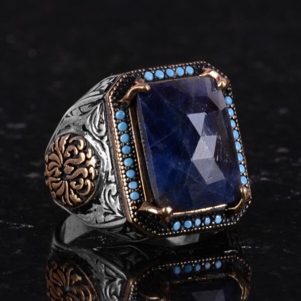 Doğal Safir Taş Yüzük, Rectangular Tasarım - 925 Ayar Gümüş Erkek Yüzük, El İşi Zariflik