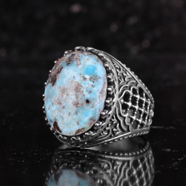 KAMBO Doğal Turkuaz Taşlı Erkek Yüzük 925 Ayar Gümüş Örümcek Ağı Desen Oval Cabochon Vintage El Yapımı Bildiri Yüzüğü (T