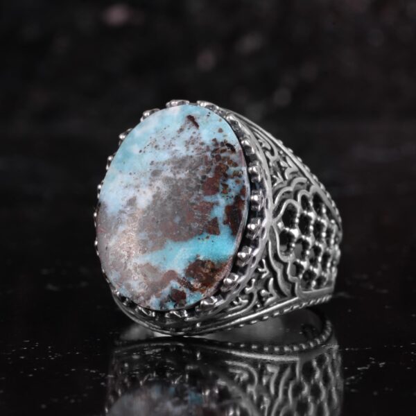 KAMBO Doğal Turkuaz Taşlı Erkek Yüzük 925 Ayar Gümüş Örümcek Ağı Desen Oval Cabochon Vintage El Yapımı Bildiri Yüzüğü (T
