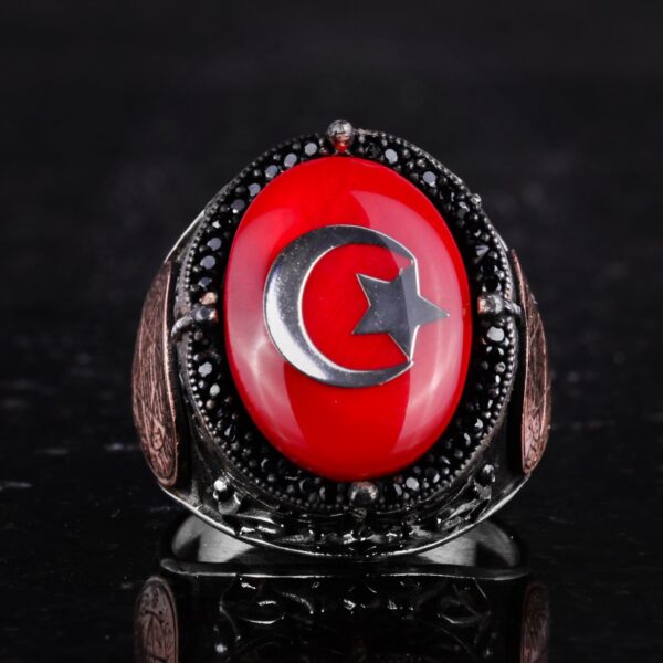 Yıldız and Hilal Patterned Yüzük - El İşi Yüzük - 925 Ayar Gümüş Erkek Yüzük