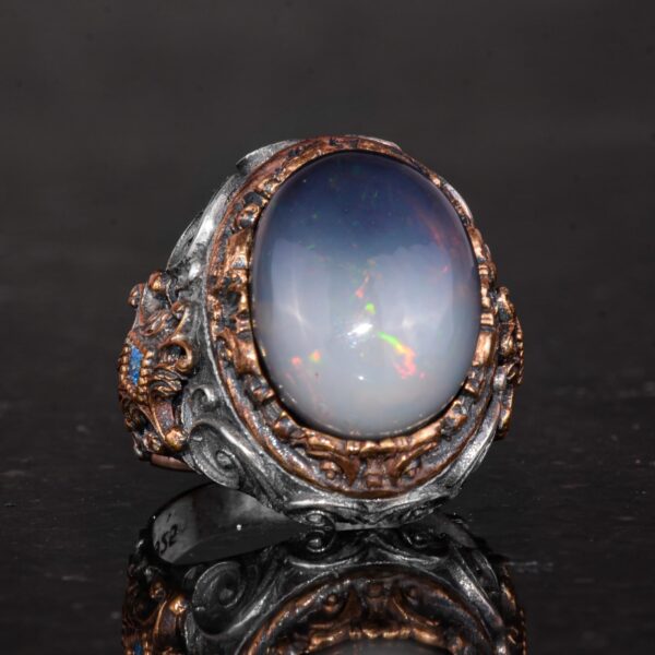 925 Ayar Gümüş Erkek Yüzük - Gerçek Oval Opal Taşlı - Desenli