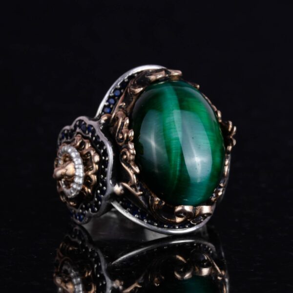 Aslan Symbol Yüzük, Yeşil Cat's Eye Taş Yüzük, 925 Ayar Gümüş Erkek Yüzük