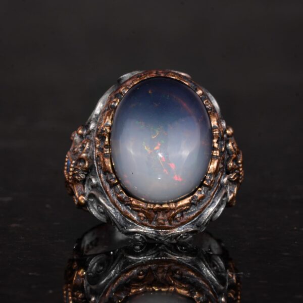 925 Ayar Gümüş Erkek Yüzük - Gerçek Oval Opal Taşlı - Desenli