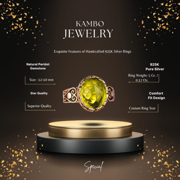 925 Ayar Gümüş Kadın Yüzük, Altın Kaplama ile Doğal Peridot Taş, El İşi Vintage Tasarım (Non-Doğal Peridot)