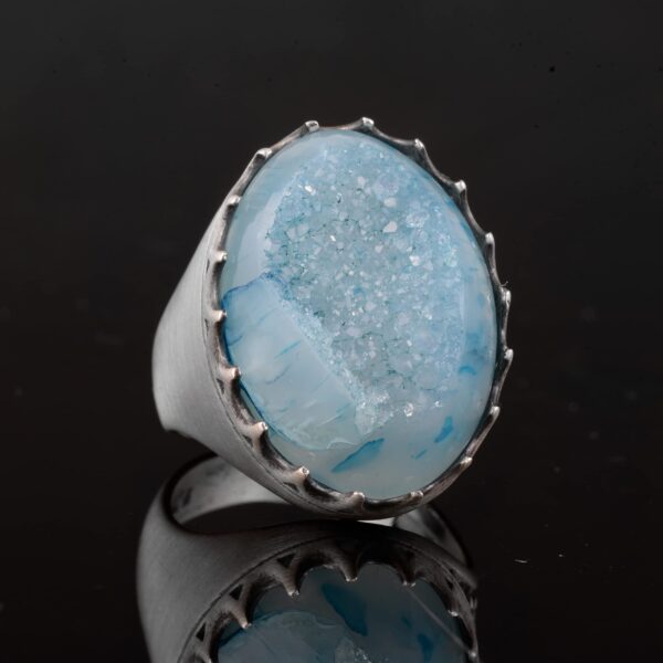 Gümüş Erkek Yüzük Drusy Kuvars Aqua, - Shiny Taş Koleksiyonu