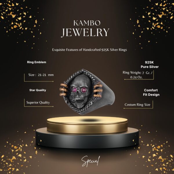 KAMBO Skull Men’s Ring with Red Eyes – 925 Sterling Silver Gold Plated Gothic Skull Ring – Handmade Dark Statement Jewelry - 3