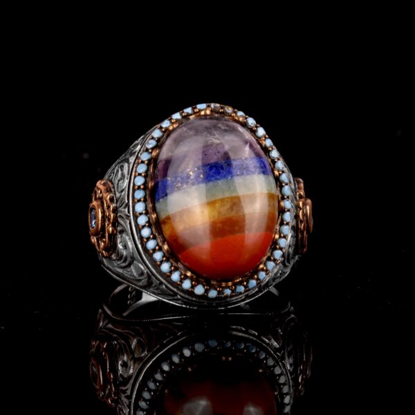Doğal Gümüş Erkek Yüzük, Rainbow Taş Yüzük, Multi-Color Yüzük, 925 Ayar Gümüş Erkek Yüzük
