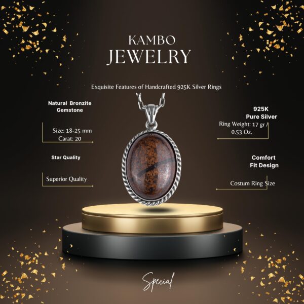 KAMBO Doğal Taşlı Zincirli Unisex Kolye 925 Ayar Gümüş – El Yapımı Oval Açıklama Kolye (Bronzit) - 3