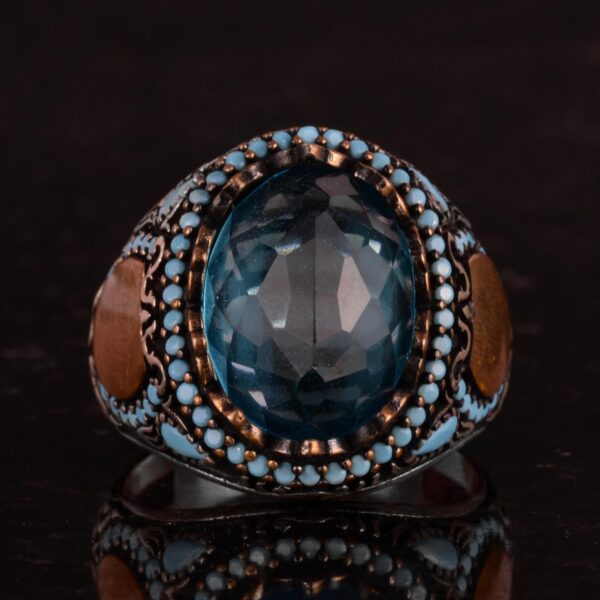 Akuamarin Glass Taş Yüzük - El İşi Erkek Yüzük - Stylish 925 Ayar Gümüş Erkek Yüzük