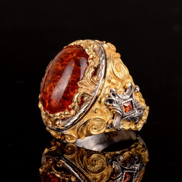 Artificial Amber Taş Yüzük, 925 Ayar Gümüş Erkek King Yüzük, Altın Kaplama