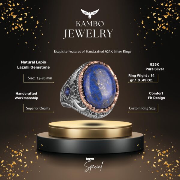 Doğal Lapis Lazuli Taşlı Yüzük - 925 Ayar Gümüş El İşi Yüzük