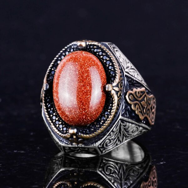 925 Ayar Gümüş Erkek Yüzük, Kahverengi Sunstone Artificial Taş Yüzük, Gümüş Stylish Erkek Yüzük