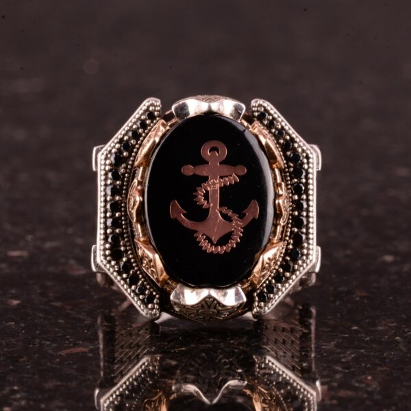 925 Ayar Gümüş Erkek Yüzük - Çapa Yüzük - Captain Denizci Yüzük - Marine Themed Takı