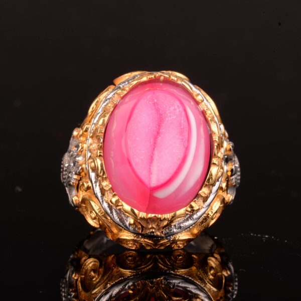 Gümüş Erkek Yüzük - Altın Kaplama, Gerçek Kristal Druzy Kuvars Pembe Doğal Taş