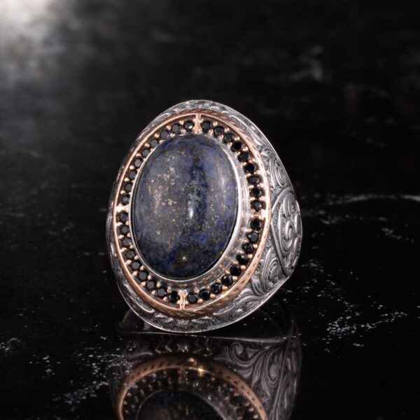 Doğal Taşlı Erkek Büyük Yüzük – Oval Taşlı Vintage Bizans İşlemeli Bildiri Yüzüğü-Antik Telkari 925 Ayar Gümüş Takı (Lapis Lazuli) - 6