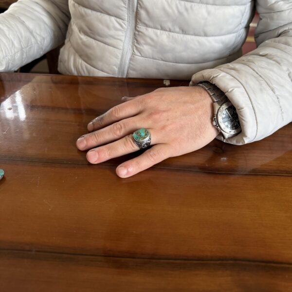 KAMBO Doğal Turkuaz Taşlı Erkek Yüzük 925 Ayar Gümüş Oval Kabaşon Osmanlı Kaydırma Desenli El Yapımı Vintage Stil Yüzük (Turkuaz-3) - 5