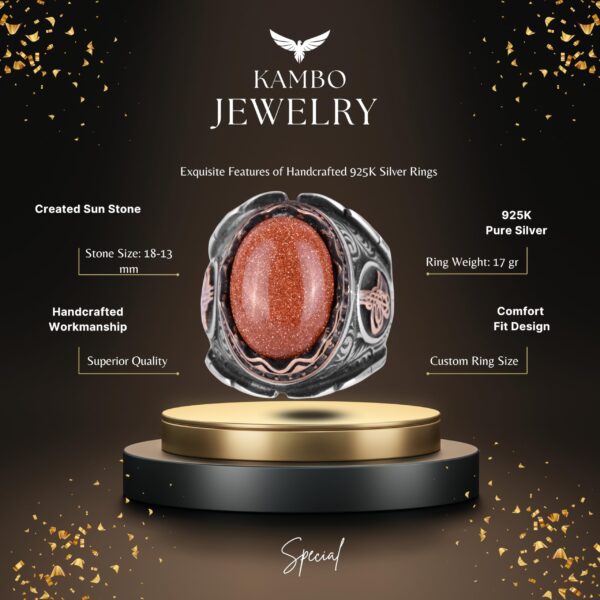 Kahverengi Sunstone Artificial Taş Yüzük, 925 Ayar Gümüş Yüzük, Osmanlı Tugra Gümüş Yüzük