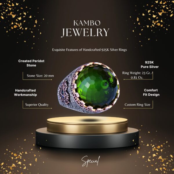 925 Ayar Gümüş Yüzük - King's Yüzük - Artificial Taş Yüzük - El İşi Erkek Yüzük (Artificial Peridot)