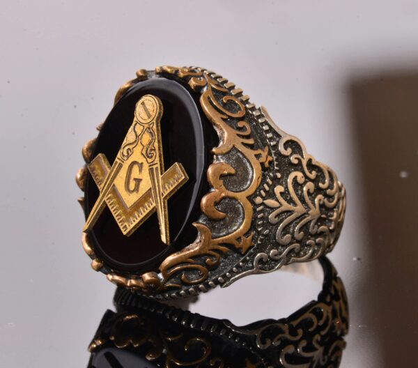 Doğal Obsidyen Değerli Taş Yüzük - 925 Ayar Gümüş Yüzük - Mühür Yüzük (Masonic)