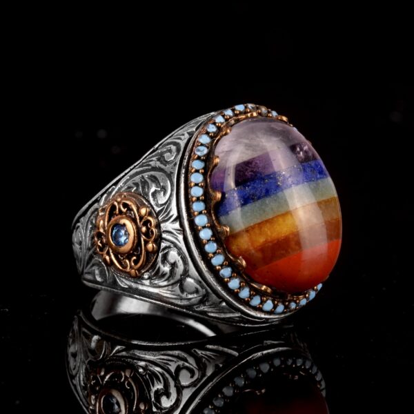 Doğal Gümüş Erkek Yüzük, Rainbow Taş Yüzük, Multi-Color Yüzük, 925 Ayar Gümüş Erkek Yüzük
