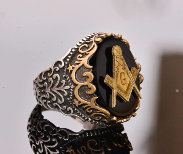 Doğal Obsidyen Değerli Taş Yüzük - 925 Ayar Gümüş Yüzük - Mühür Yüzük (Masonic)