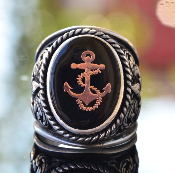 925 Ayar Gümüş Lily Patterned Büyük Erkek Yüzük - Ship Çapa Nautical Yüzük