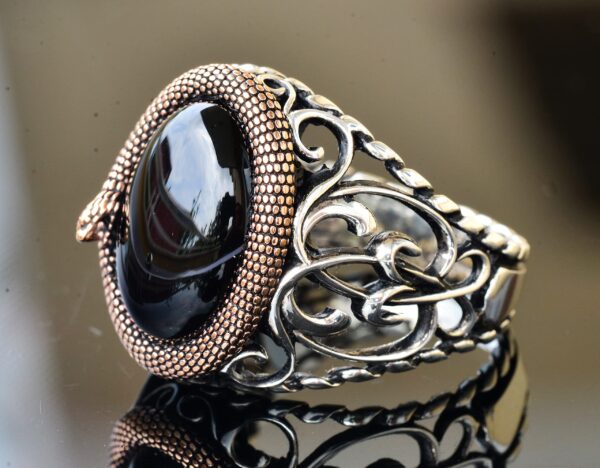 Doğal Obsidyen Taş, El İşi Yüzük, 925 Ayar Gümüş Erkek Yüzük, Gümüş Accessory, Siyah